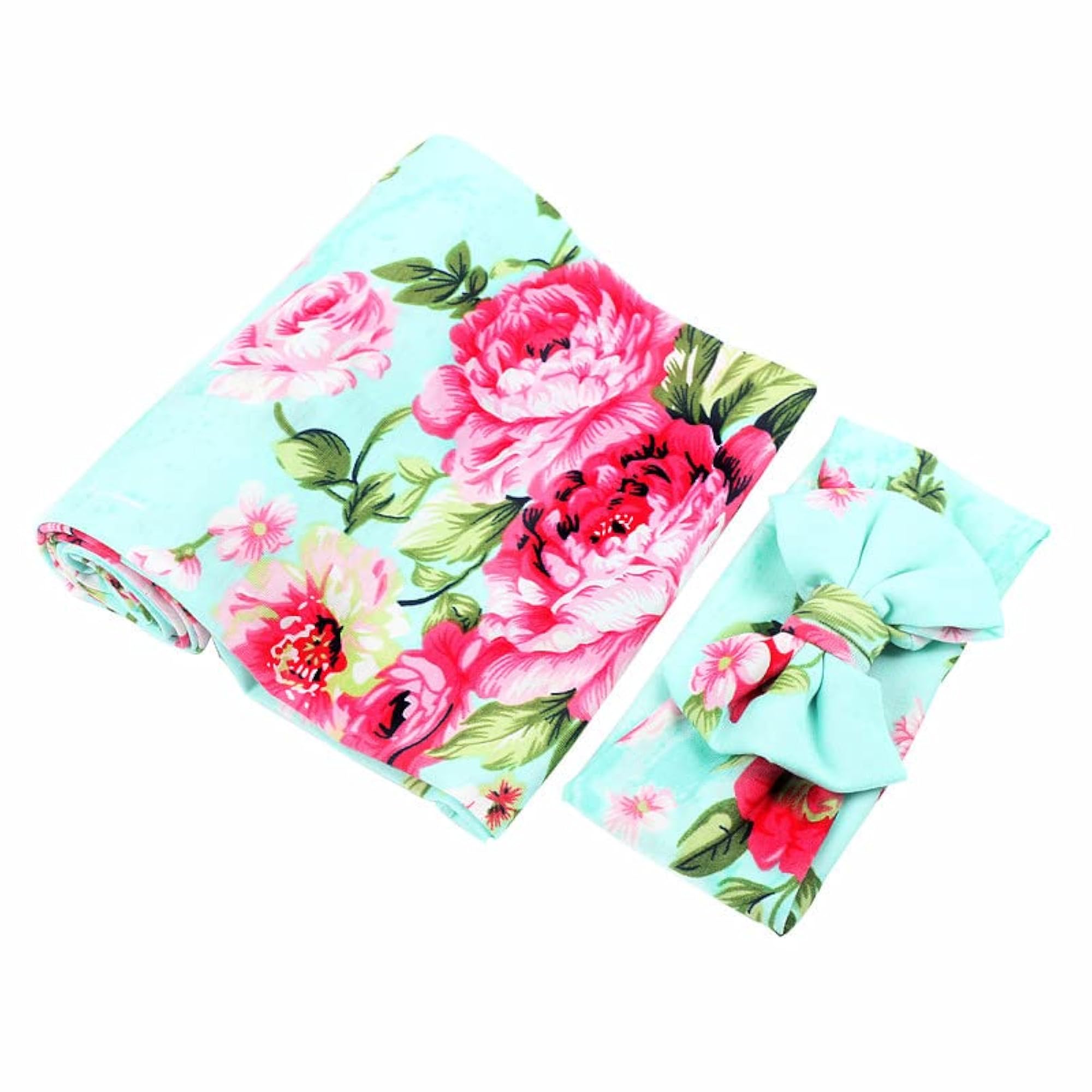 Newborn Cotton Headband Set with Flower Print Swaddle Blankets